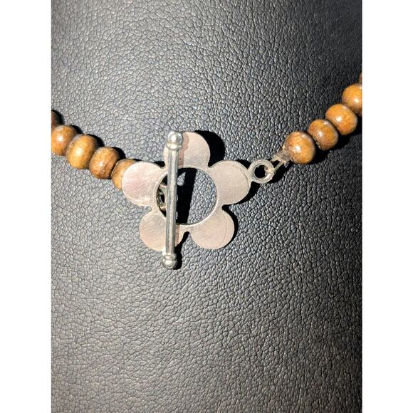 Turquoise Wood Bead Silver Tone Flower Toggle 15" Choker Necklace - Picture 2 of 6